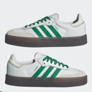 adidas Samba Platform Sneakers White with Green Stripes and Dark Gum Sole